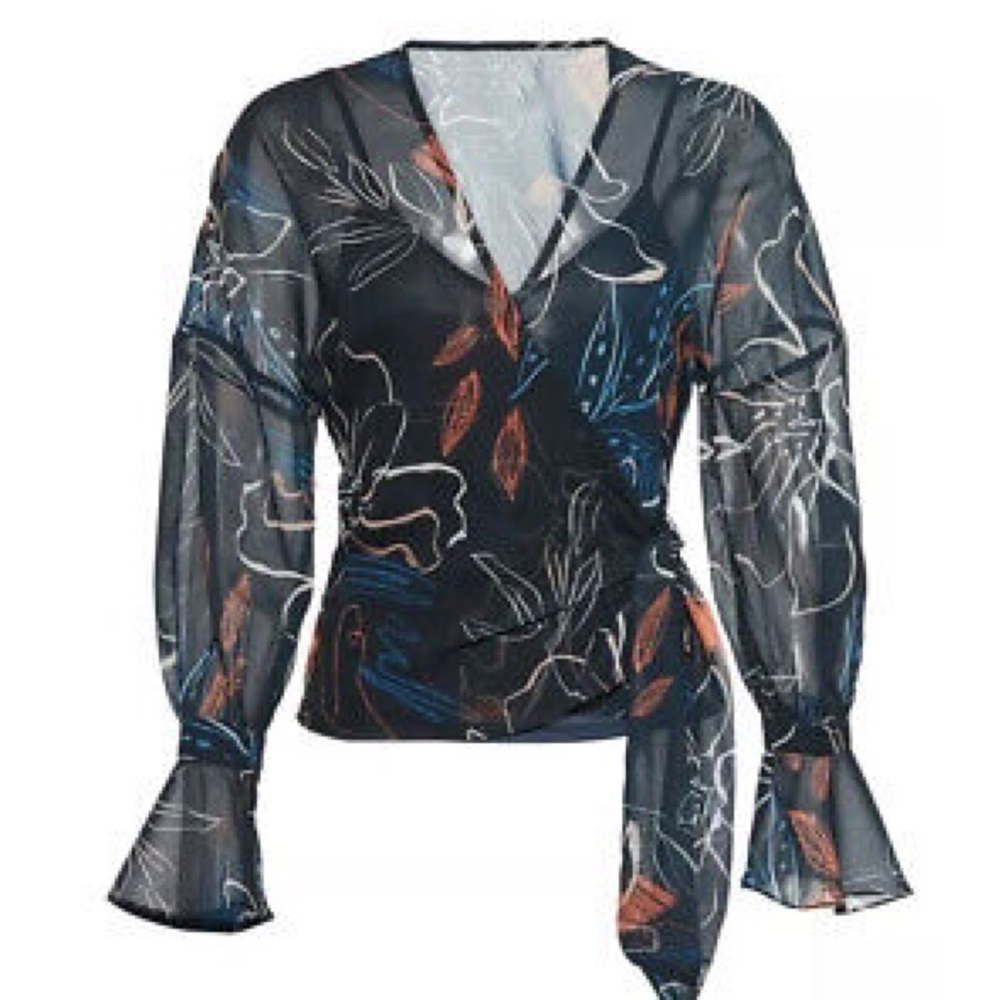 STYLESTALKER Women's Blouse Sheer Blue Size medium Wrap Floral-Print